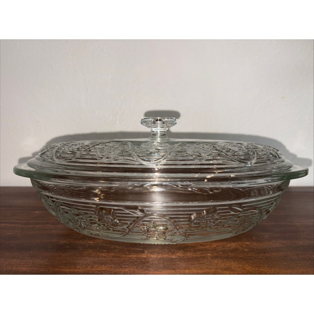 Vintage Anchor Hocking Clear Glass Casserole Dish Raised Flowers